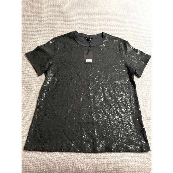 NWT DKNY Moss Green Sequin Short Sleeve Tee Shirt M Party Holiday Chic Glam - Picture 6 of 8